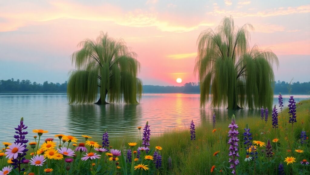 Tranquil Sunset Over the Lake Bg1 – free AI stock image