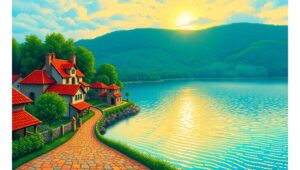 Tranquil Village at Sunrise – free AI stock image