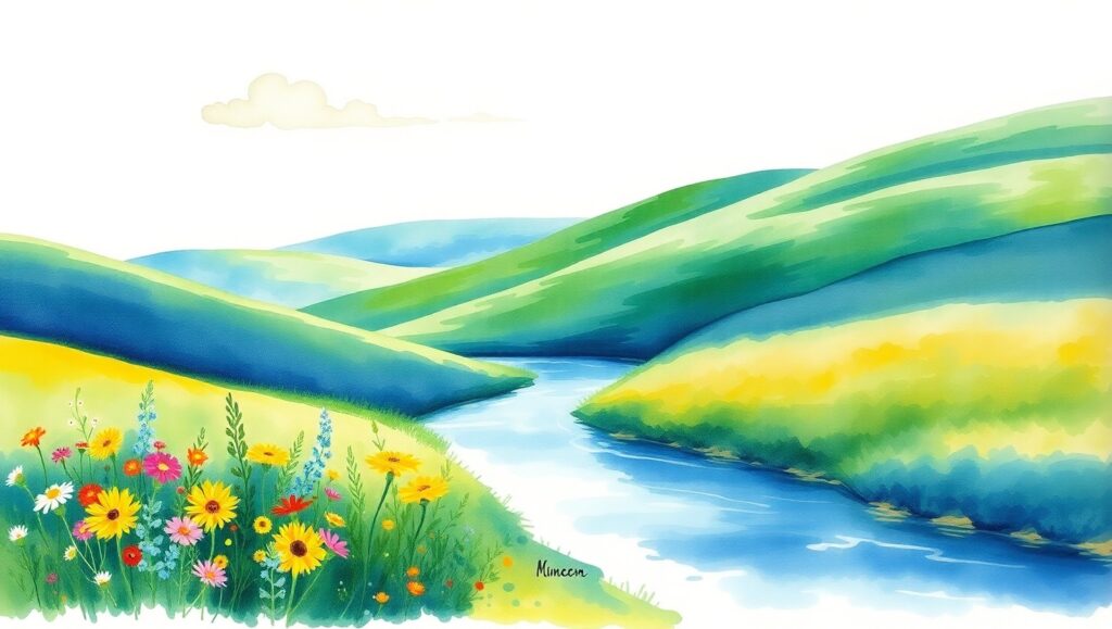 Tranquil Waters and Rolling Hills – free AI stock image