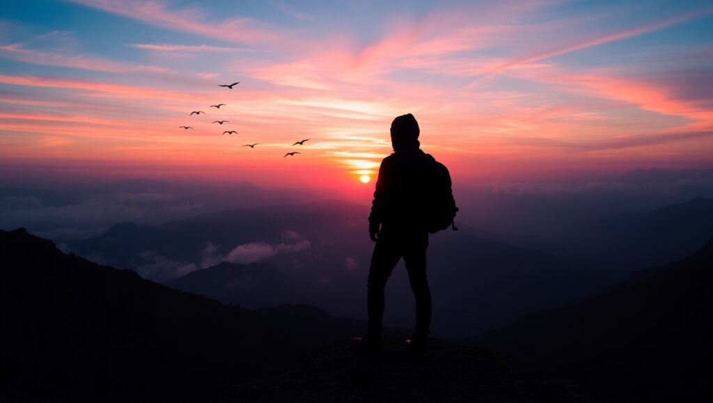Traveler at Sunset Vista – free AI stock image