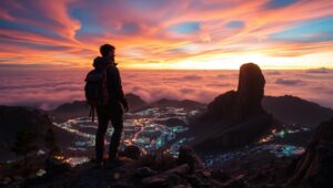 Traveler’s Triumph at Twilight – free AI stock image