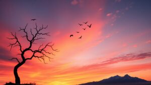Tree at Sunset with Birds – free AI stock image