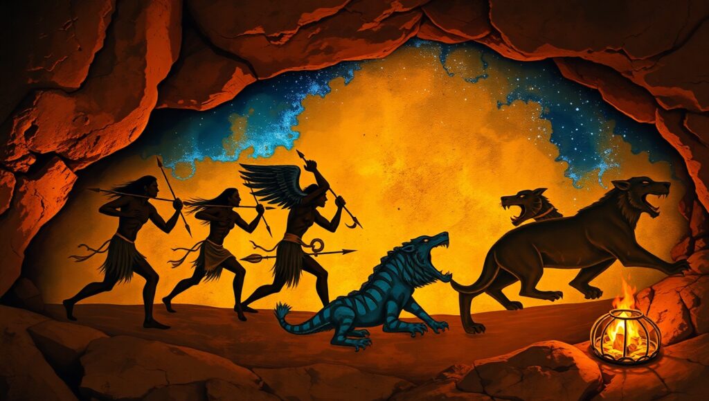 Tribal Hunt Under Starlit Sky – free AI stock image
