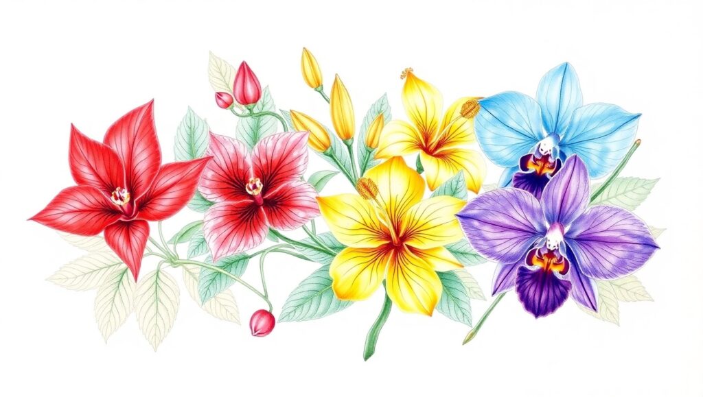 Tropical Flowers in Botanical Art – free AI stock image