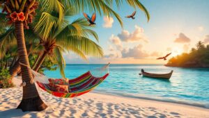 Tropical Island Serenity at Sunset – free AI stock image