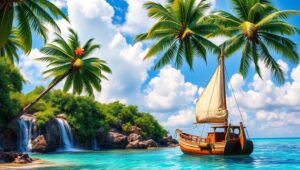 Tropical Paradise at Sunrise – free AI stock image