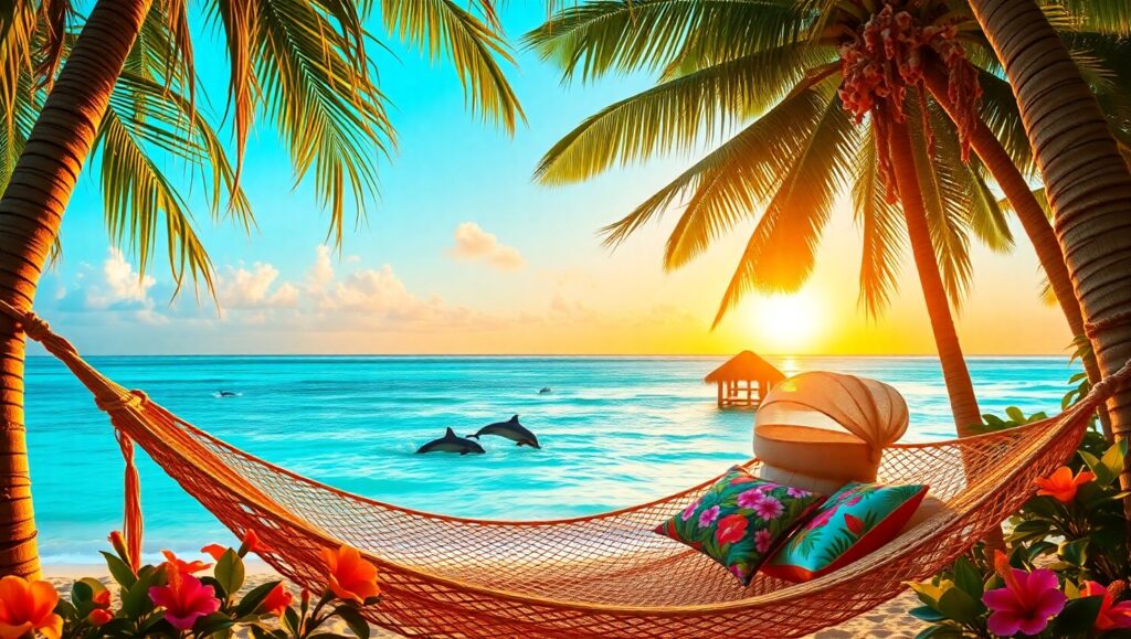 Tropical Paradise at Sunset – free AI stock image