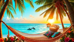 Tropical Paradise at Sunset – free AI stock image