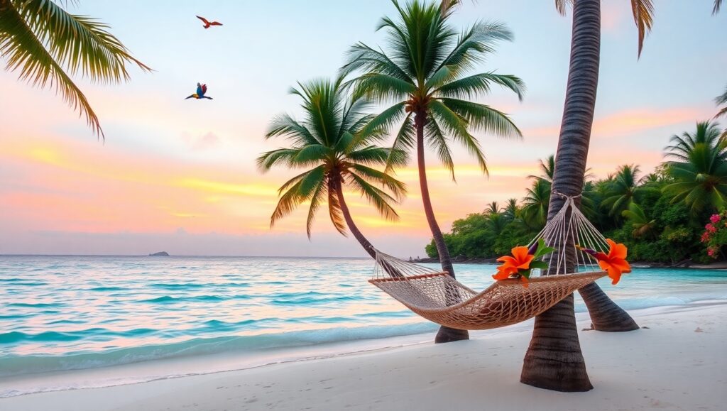 Tropical Serenity at Sunset – free AI stock image