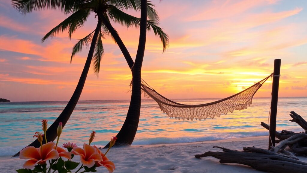 Tropical Sunset Serenity – free AI stock image