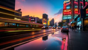 Twilight City Lights in Motion – free AI stock image