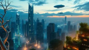 Twilight City of Floating Gardens – free AI stock image