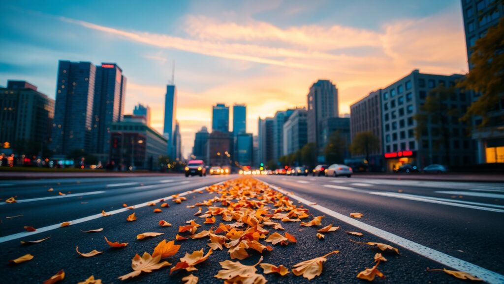 Twilight Cityscape with Autumn Leaves – free AI stock image
