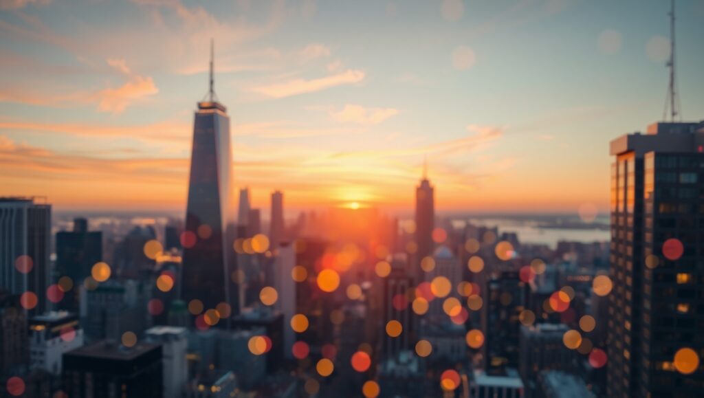 Twilight Cityscape with Bokeh Lights – free AI stock image