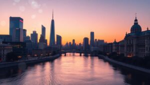 Twilight Cityscape with Bokeh Lights B5D – free AI stock image
