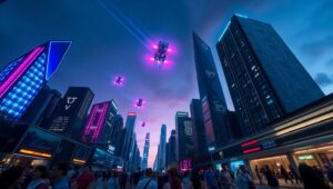 Twilight Cityscape with Flying Cars – free AI stock image