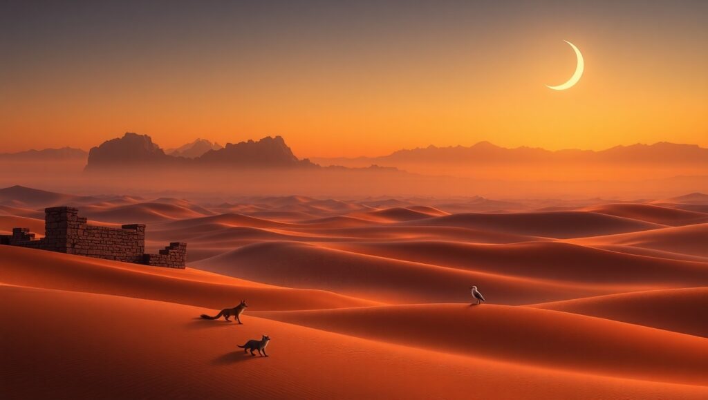 Twilight Dunes and Ancient Ruins – free AI stock image