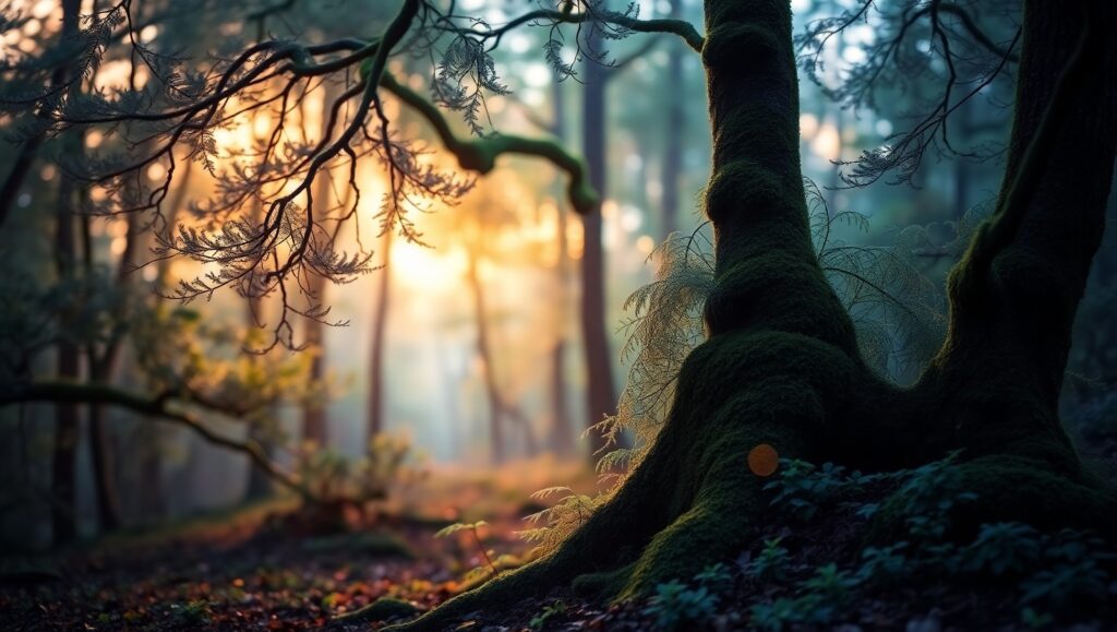 Twilight Forest Dream with Bokeh – free AI stock image