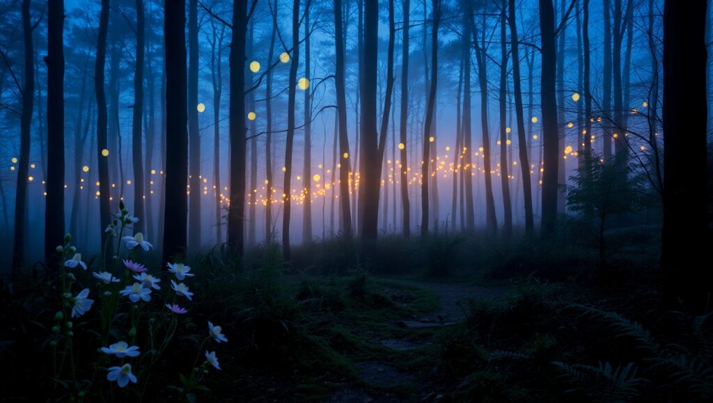 Twilight Forest of Glowing Orbs – free AI stock image