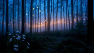 Twilight Forest of Glowing Orbs – free AI stock image