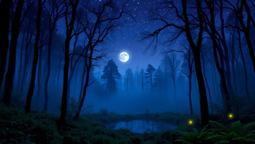 Twilight Forest Reflection in Pointillism – free AI stock image