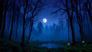 Twilight Forest Reflection in Pointillism – free AI stock image