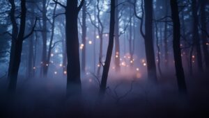 Twilight Forest with Floating Orbs – free AI stock image