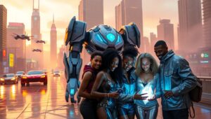 Twilight Guardians of the Neon City – free AI stock image