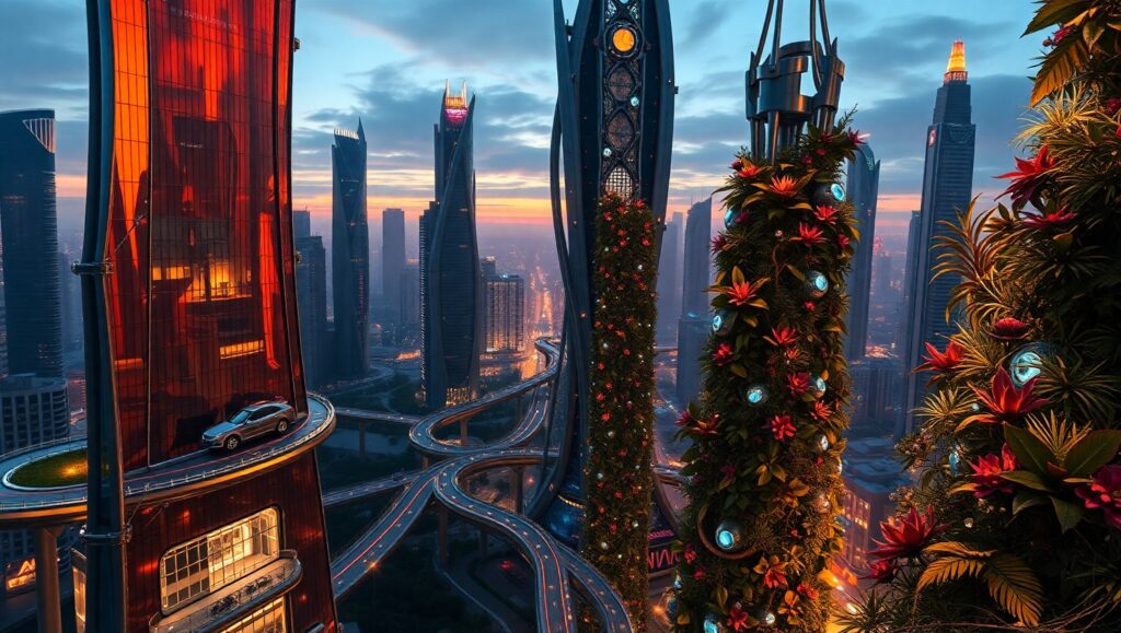 Twilight in a Futuristic Cityscape nIt – free AI stock image