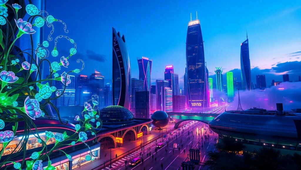 Twilight in a Futuristic Cityscape T31 – free AI stock image