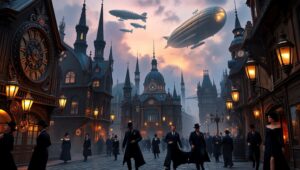 Twilight in a Steampunk City eCz – free AI stock image