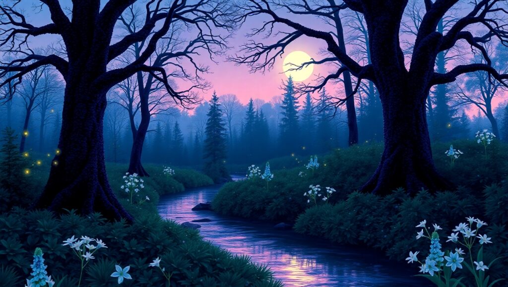 Twilight in Pointillist Forest – free AI stock image