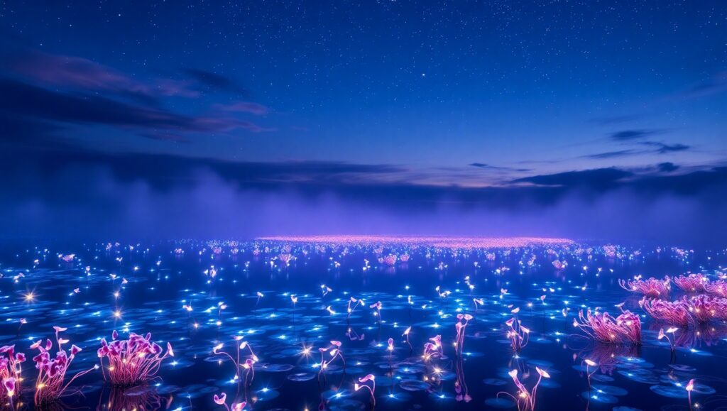 Twilight Lake of Bioluminescence – free AI stock image