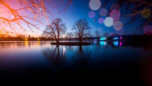 Twilight Lake with Colorful Bokeh – free AI stock image