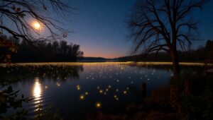 Twilight Lake with Dancing Fireflies – free AI stock image