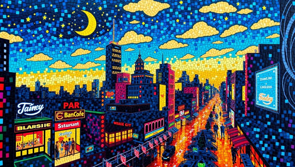 Twilight Mosaic Cityscape – free AI stock image