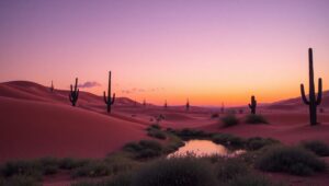 Twilight Oasis in the Desert Dunes – free AI stock image