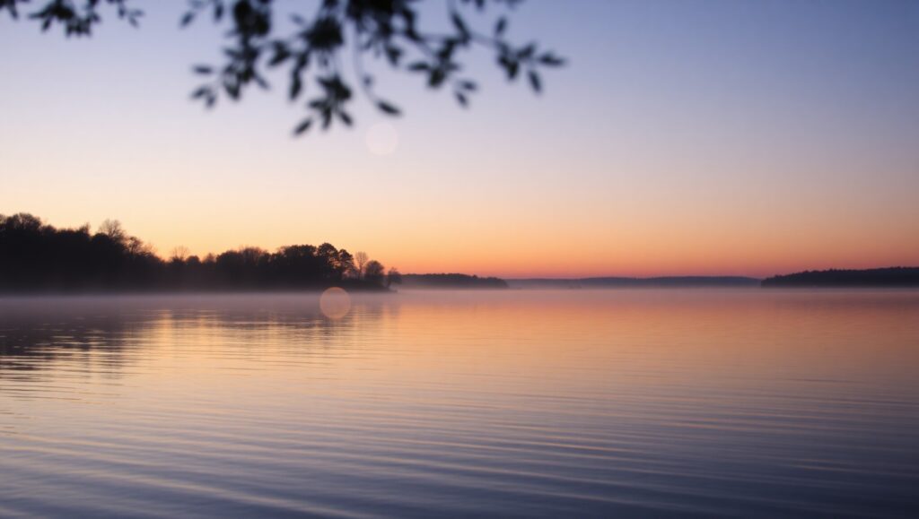 Twilight Orbs Over Serene Lake – free AI stock image