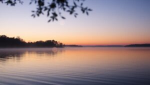 Twilight Orbs Over Serene Lake – free AI stock image