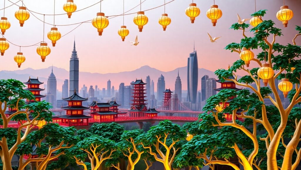 Twilight Origami Cityscape – free AI stock image