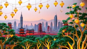 Twilight Origami Cityscape – free AI stock image