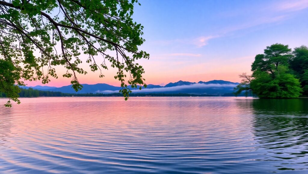 Twilight Reflections Over Serenity Lake – free AI stock image