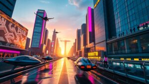 Twilight Rush in a Future City – free AI stock image