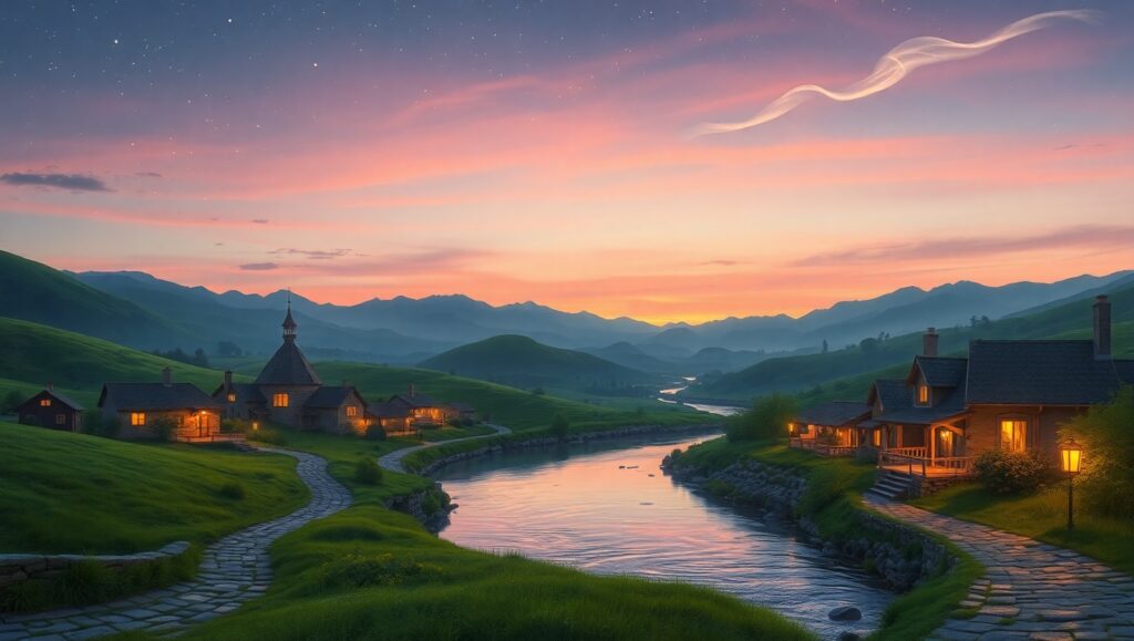 Twilight Serenity in a Mountain Village – free AI stock image