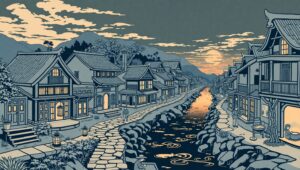 Twilight Serenity in a Wooden Village – free AI stock image