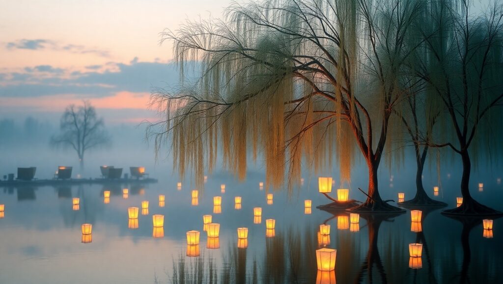 Twilight Serenity with Floating Lanterns – free AI stock image