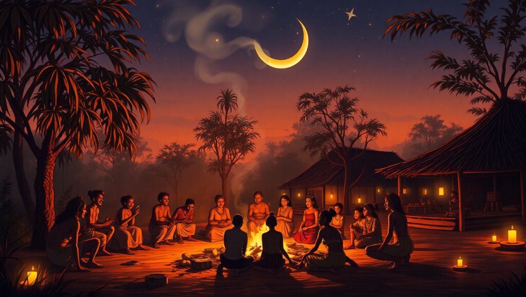 Twilight Village Gathering by Firelight – free AI stock image