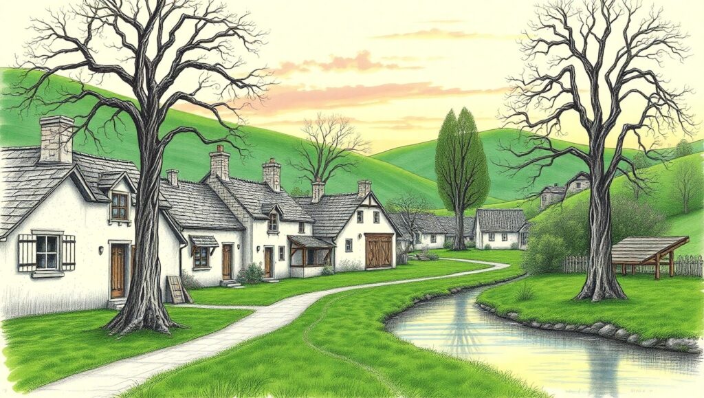 Twilight Village Serenity in Sketch – free AI stock image