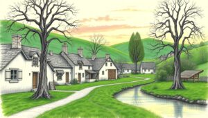 Twilight Village Serenity in Sketch – free AI stock image