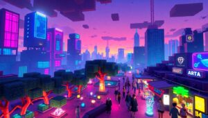 Twilight Voxel Cityscape Adventure YcE – free AI stock image